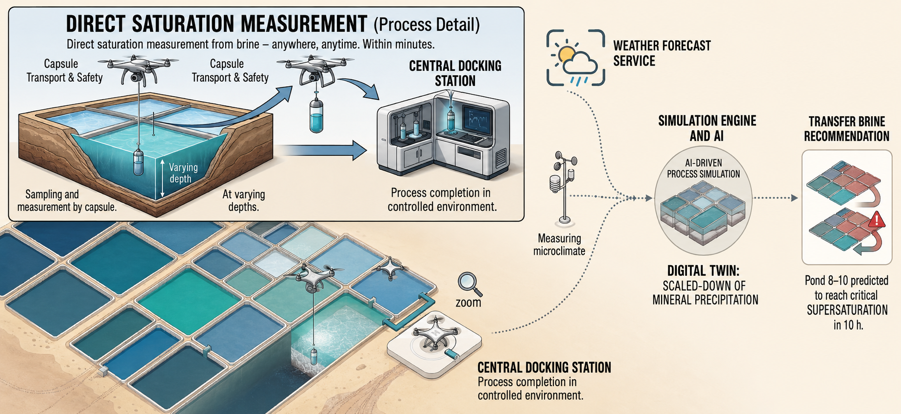 SINQ predictive engine infographic showing the flow from real-time brine sensing through AI modeling to operational guidance